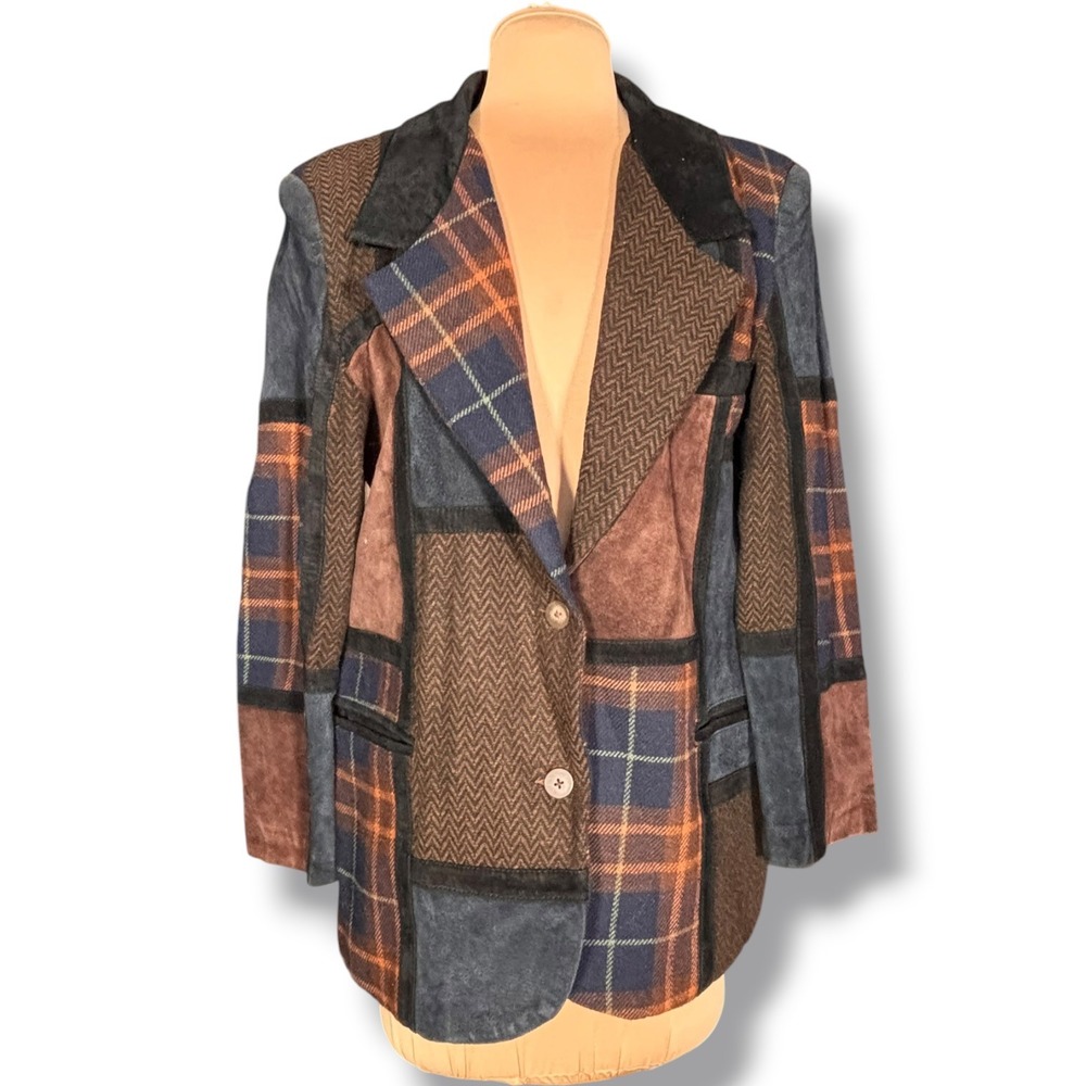 Vintage Patchwork Leather Wool Plaid Blazer Jacket Brown Blue Heritage Academia